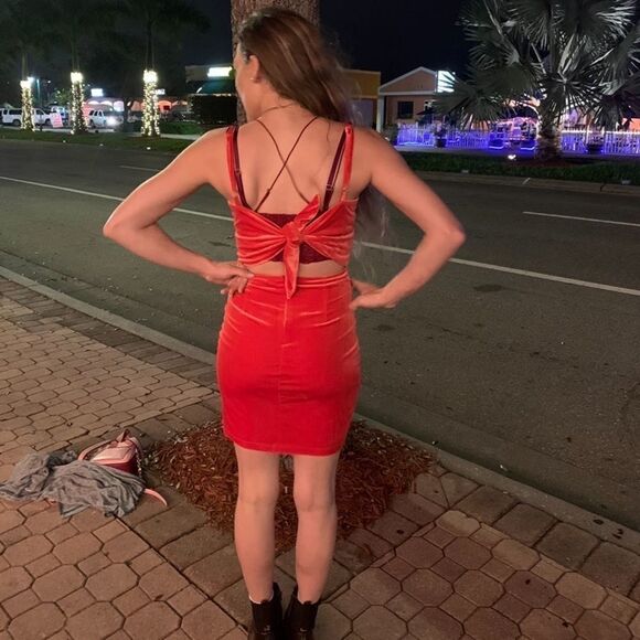 Host Pick! NEW! Red Velvet Split Hem Open Back Mini Dress - Picture 6 of 9